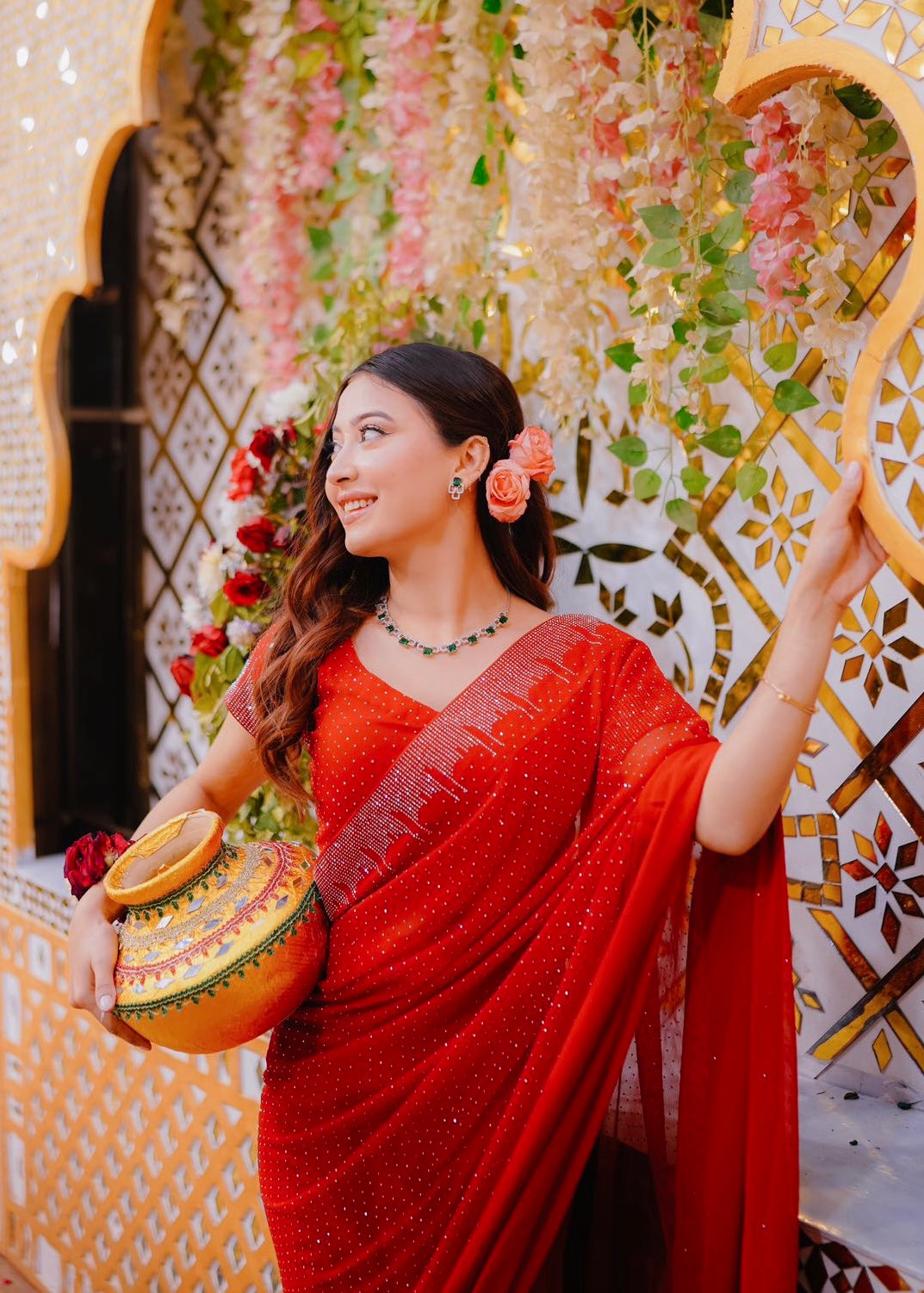 DEEP RED RHINESTONES SAREE