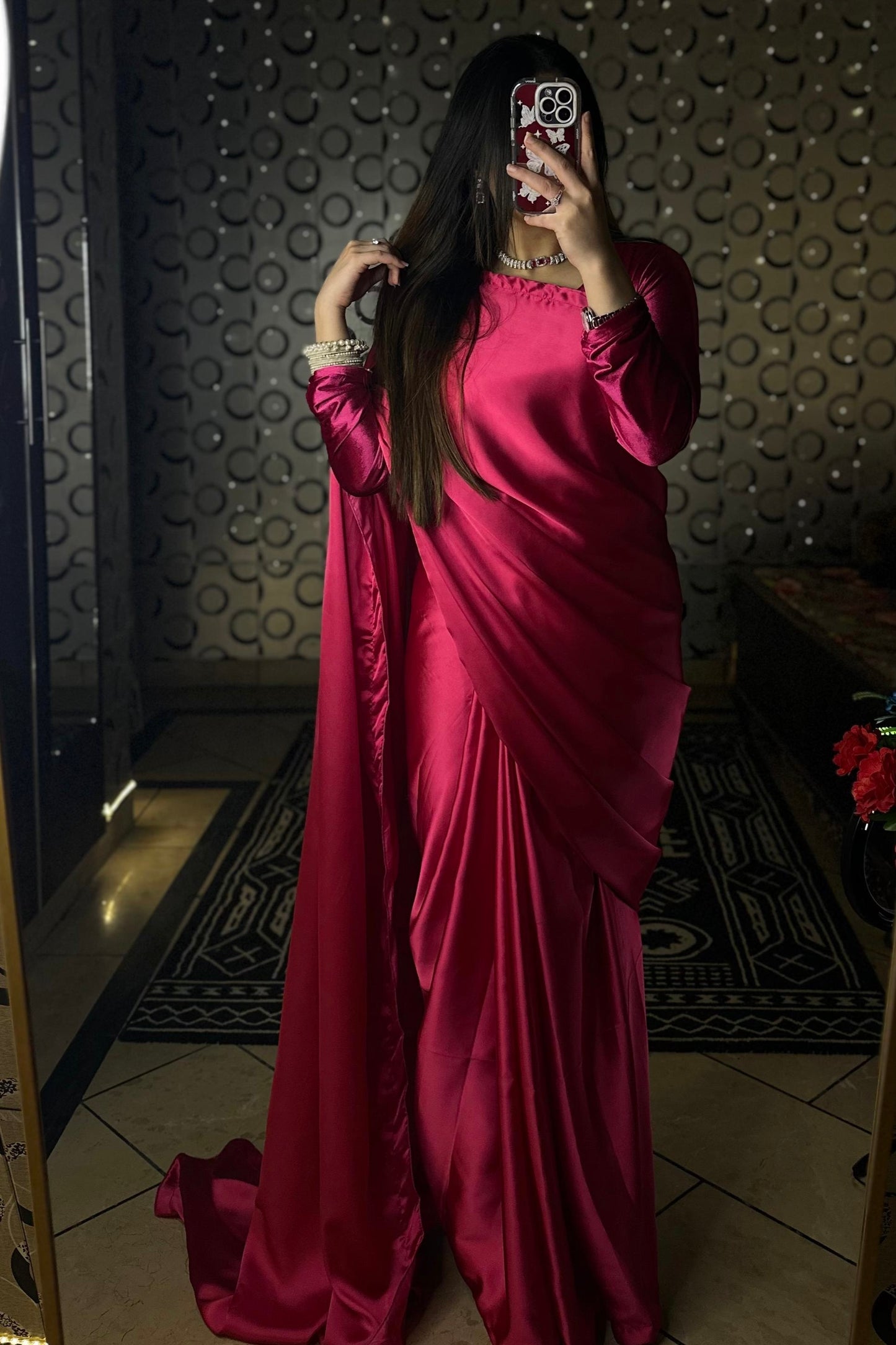 HOT PINK SILK SAREE WITH VELVET BLOUSE