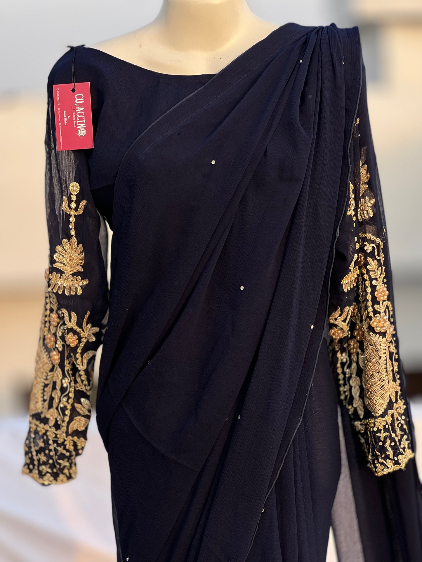 Navy Blue Chiffon Embroidered Saree