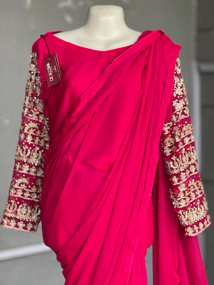 Hot Pink Chiffon Embroidered Saree