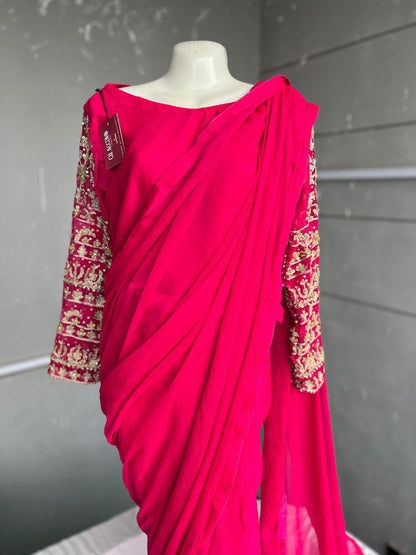 Hot Pink Chiffon Embroidered Saree