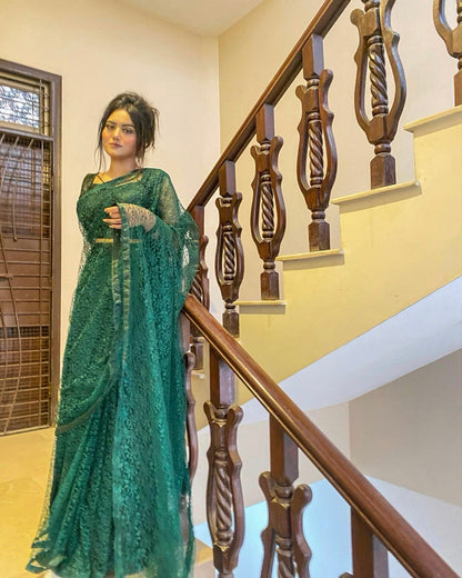 FOREST GREEN FLORAL NET SAREE