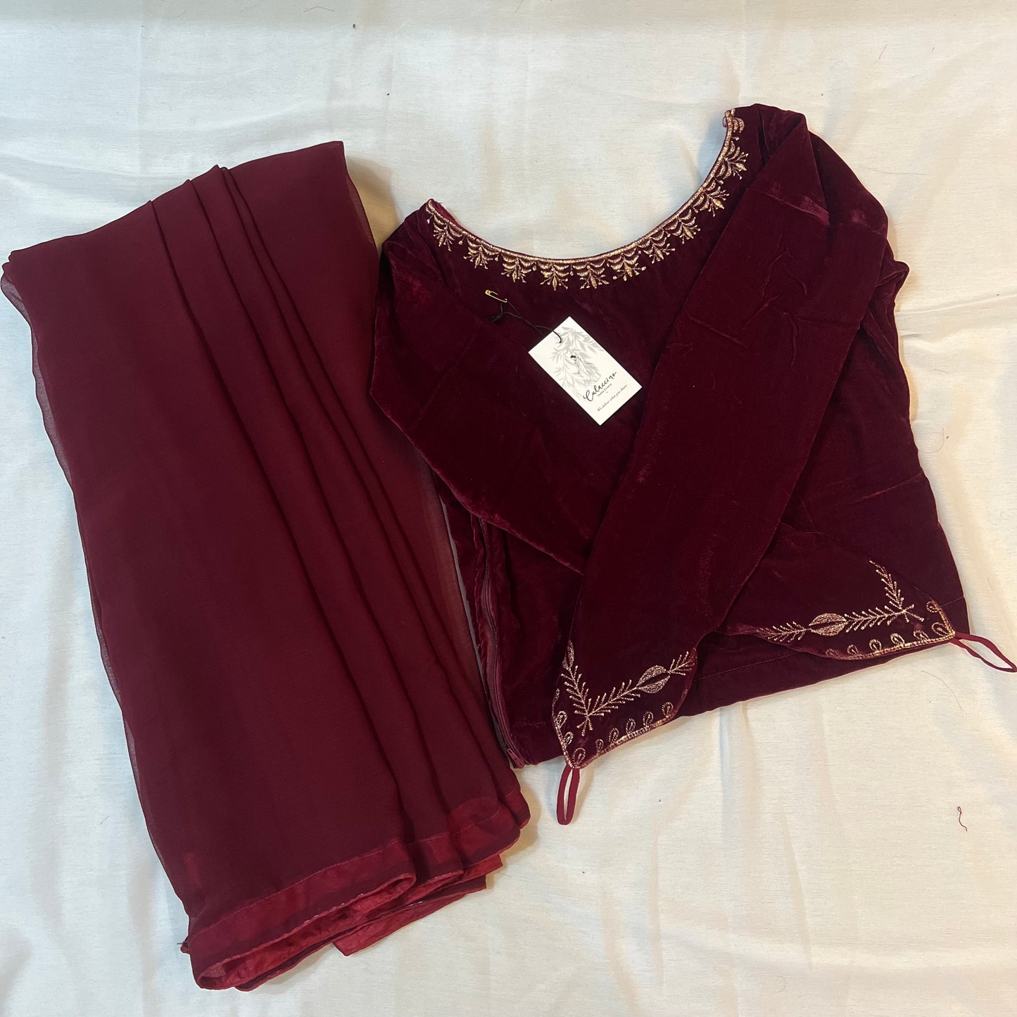 MAROON CHIFFON SAREE WITH VELVET BLOUSE