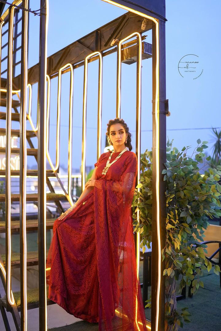 DEEP RED FLORAL NET SAREE