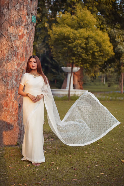 PEARL WHITE FLORAL NET SAREE