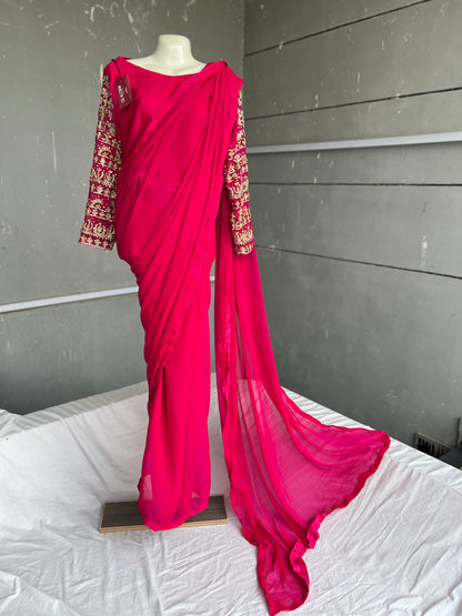 Hot Pink Chiffon Embroidered Saree