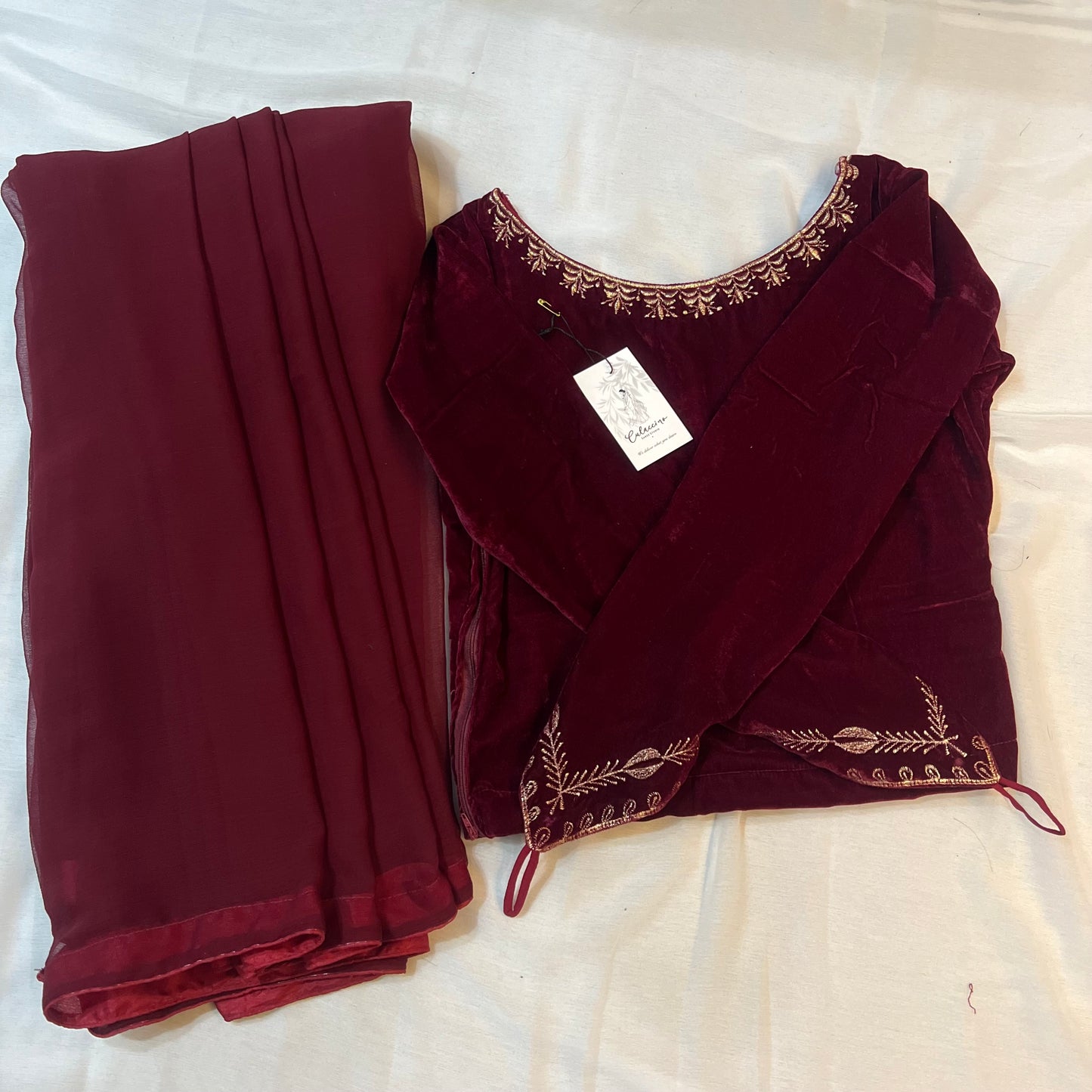 MAROON CHIFFON SAREE WITH VELVET BLOUSE