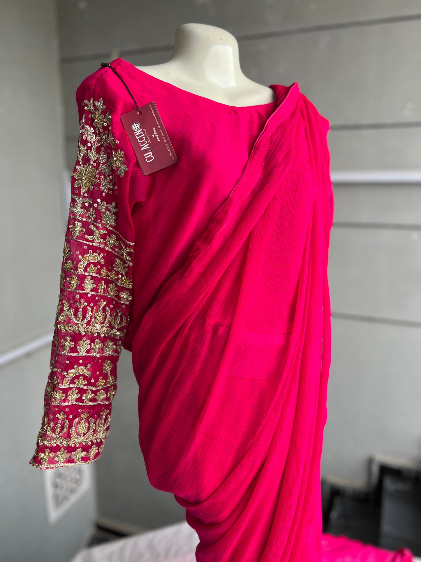 Hot Pink Chiffon Embroidered Saree