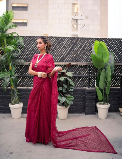 DEEP RED FLORAL NET SAREE