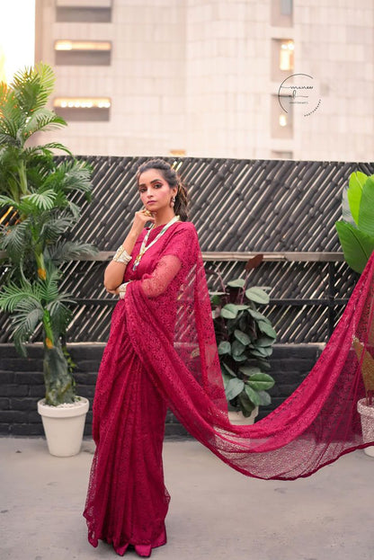 DEEP RED FLORAL NET SAREE