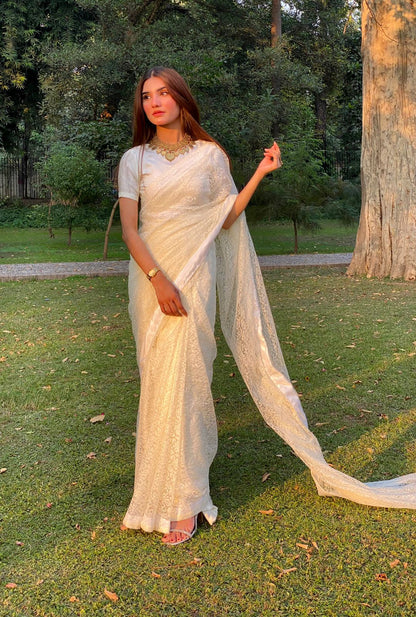 PEARL WHITE FLORAL NET SAREE