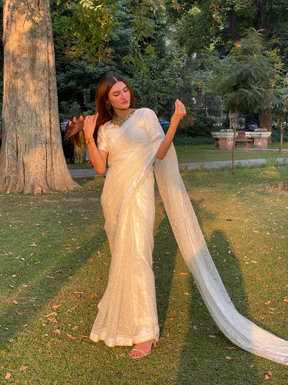 PEARL WHITE FLORAL NET SAREE