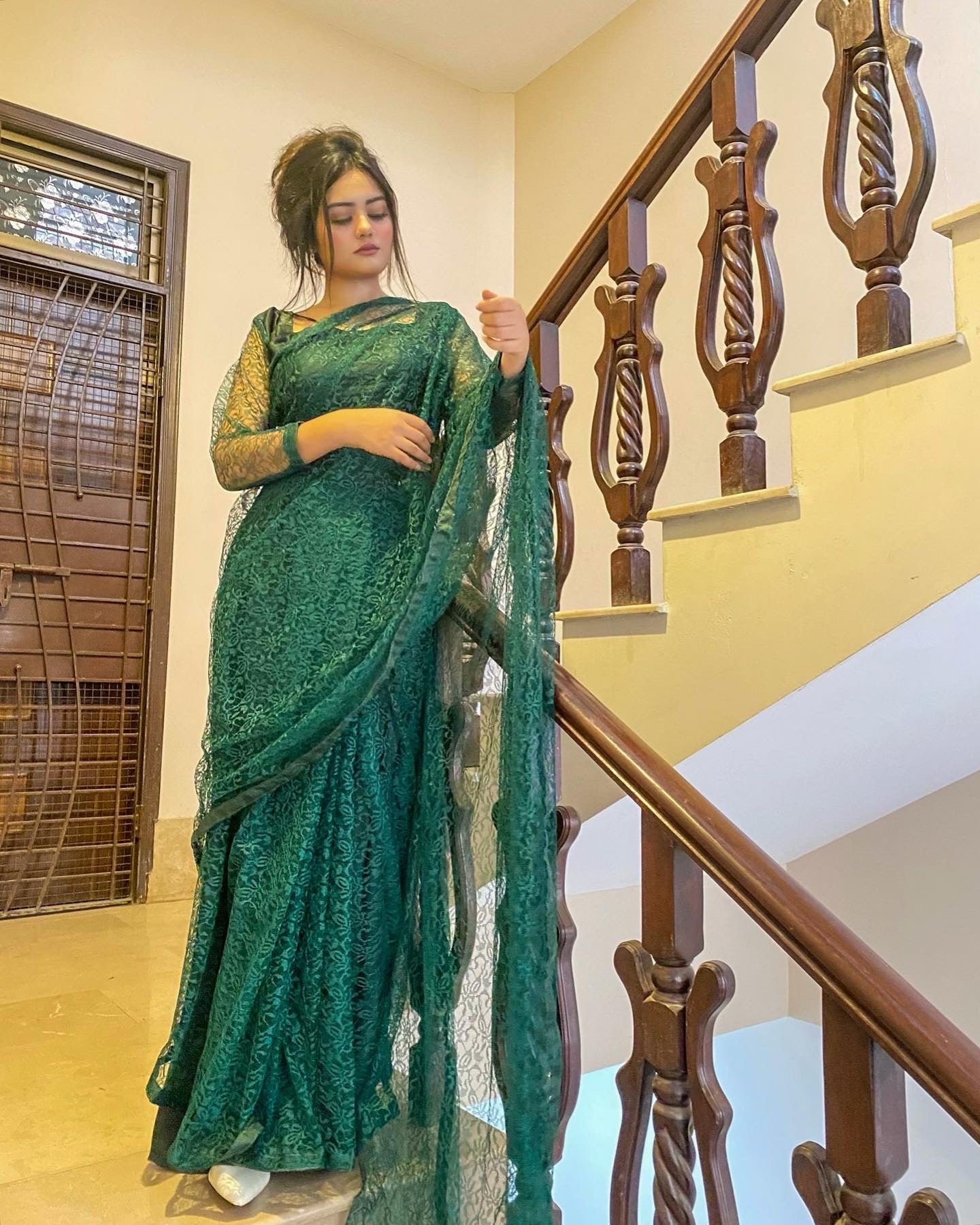 FOREST GREEN FLORAL NET SAREE